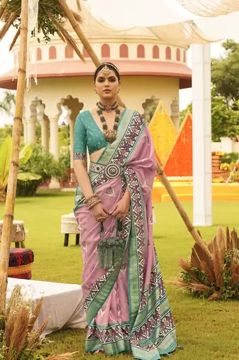 Elora  Printed Patola Silk Blend Saree With Contrast Border And Blouse For Women (Rose Pink)