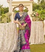 Elora  Printed Patola Silk Blend Saree With Contrast Border And Blouse For Women (Pink)
