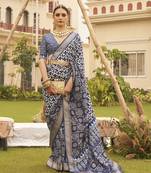 Elora Silk Geometric Print Patola Saree For Women (Navy Blue)