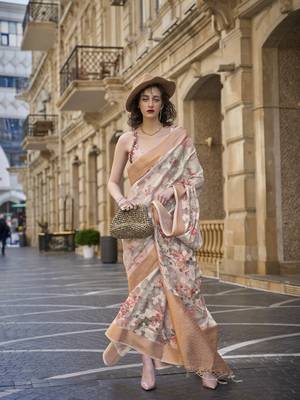 Elora Brasso Floral Printed  Sequence Work Weaving  Saree  (Cream) 1