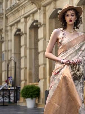 Elora Brasso Floral Printed  Sequence Work Weaving  Saree  (Cream) 3