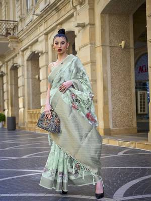 Elora Brasso Floral Printed  Sequence Work Weaving  Saree  (Green) 1