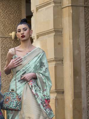 Elora Brasso Floral Printed  Sequence Work Weaving  Saree  (Green) 2