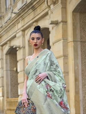 Elora Brasso Floral Printed  Sequence Work Weaving  Saree  (Green) 4