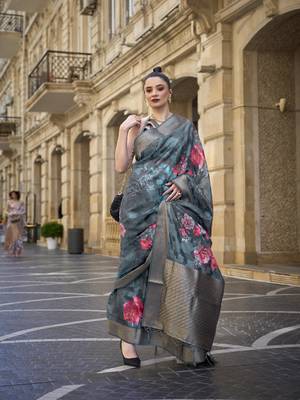 Elora Brasso Floral Printed  Sequence Work Weaving  Saree  (Blue) 1