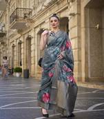 Elora Brasso Floral Printed  Sequence Work Weaving  Saree  (Blue)