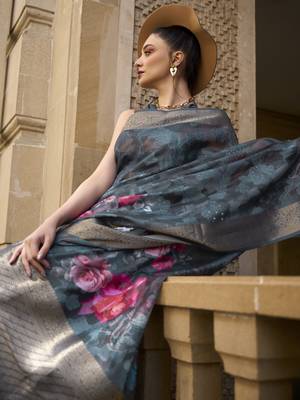 Elora Brasso Floral Printed  Sequence Work Weaving  Saree  (Blue) 2