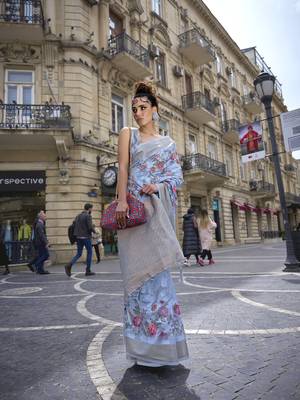 Elora Brasso Floral Printed  Sequence Work Weaving  Saree  (Light Blue) 1