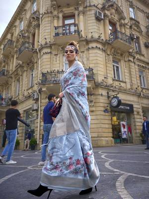 Elora Brasso Floral Printed  Sequence Work Weaving  Saree  (Light Blue) 2