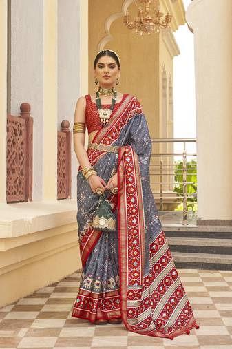 Elora Sigma Silk Ikkat Patola Saree For Women (Grey)