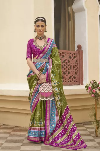 Elora Sigma Silk Ikkat Patola Saree For Women (Moss Green)