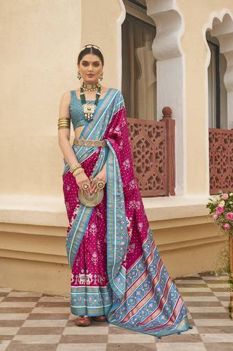 Elora Sigma Silk Ikkat Patola Saree For Women (Pink)