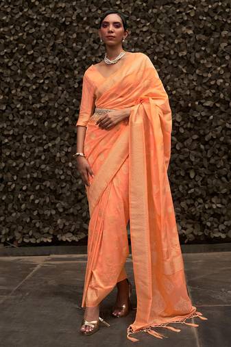 Womens Nyloan Chinon Orange Woven Design Designer Saree With Blouse For Women