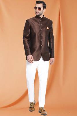 Brown Art Silk Jodhpuri full sleeve with trouser for men's 1