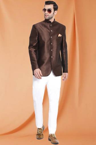 Brown Art Silk Jodhpuri full sleeve with trouser for men's