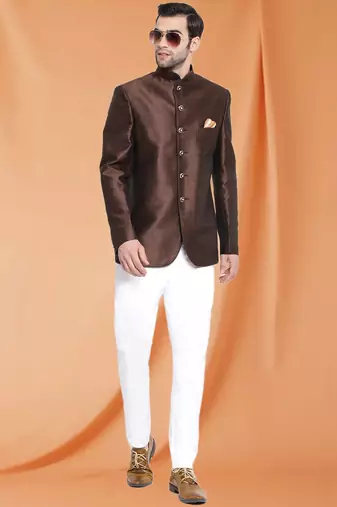 Brown Art Silk Jodhpuri full sleeve with trouser for men's