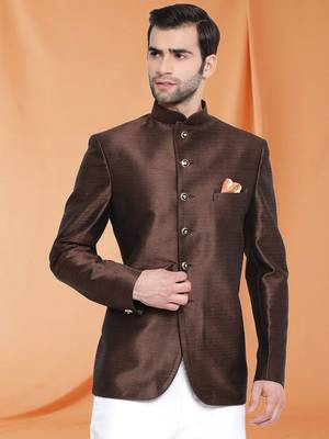 Brown Art Silk Jodhpuri full sleeve with trouser for men's 2