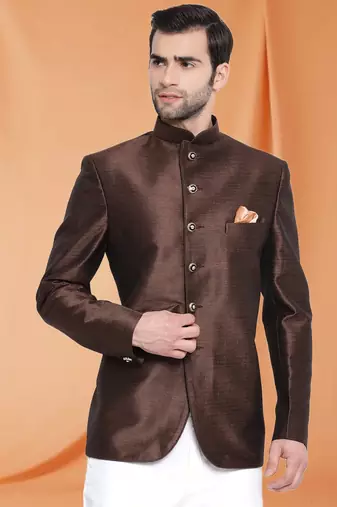 Brown Art Silk Jodhpuri full sleeve with trouser for men's