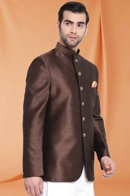 Brown Art Silk Jodhpuri full sleeve with trouser for men's 3