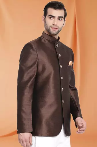 Brown Art Silk Jodhpuri full sleeve with trouser for men's