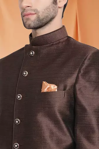 Brown Art Silk Jodhpuri full sleeve with trouser for men's