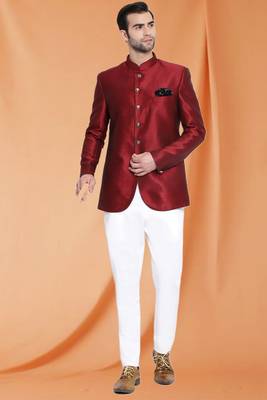 Maroon Art Silk Plain Jodhpuri full sleeve with trouser for men's 1