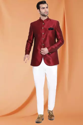 Maroon Art Silk Plain Jodhpuri full sleeve with trouser for men's