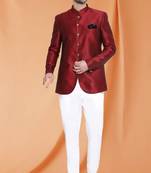 Maroon Art Silk Plain Jodhpuri full sleeve with trouser for men's