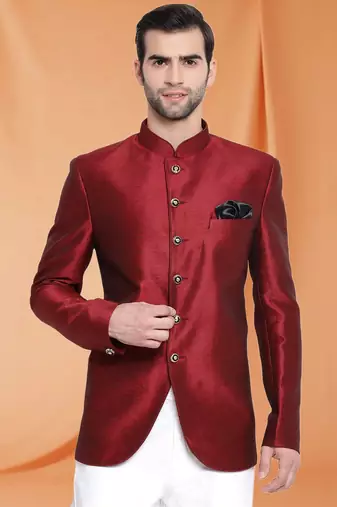 Maroon Art Silk Plain Jodhpuri full sleeve with trouser for men's