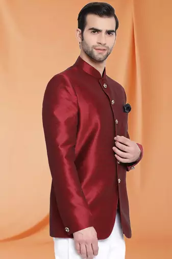 Maroon Art Silk Plain Jodhpuri full sleeve with trouser for men's