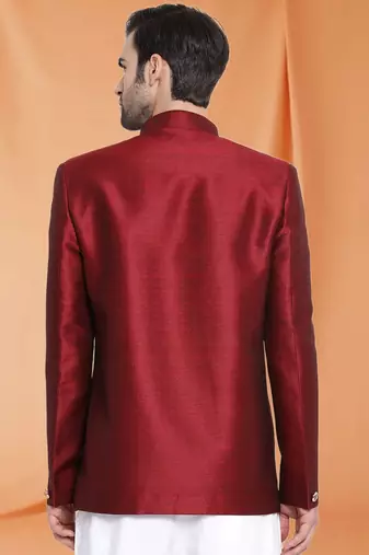 Maroon Art Silk Plain Jodhpuri full sleeve with trouser for men's