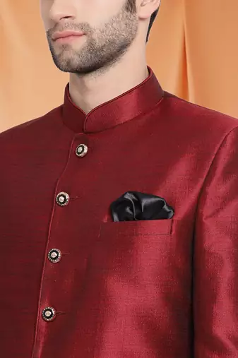 Maroon Art Silk Plain Jodhpuri full sleeve with trouser for men's