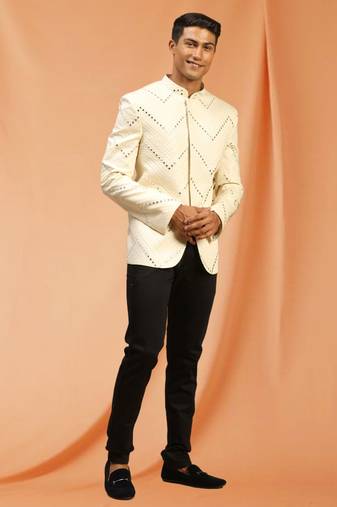 Cream royan embroidered jodhpuri full sleeve with trouser for men's