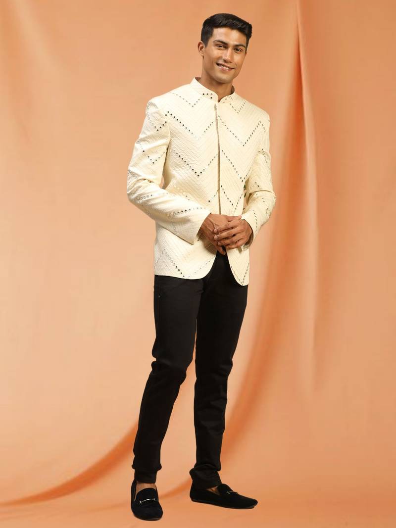 Cream royan embroidered jodhpuri full sleeve with trouser for men's