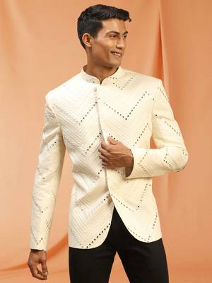 Cream royan embroidered jodhpuri full sleeve with trouser for men's 2