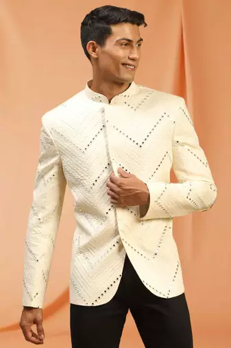 Cream royan embroidered jodhpuri full sleeve with trouser for men's