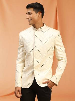 Cream royan embroidered jodhpuri full sleeve with trouser for men's 3