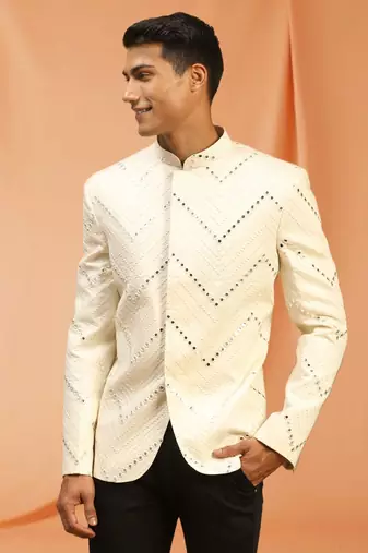 Cream royan embroidered jodhpuri full sleeve with trouser for men's