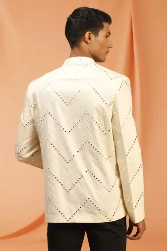 Cream royan embroidered jodhpuri full sleeve with trouser for men's