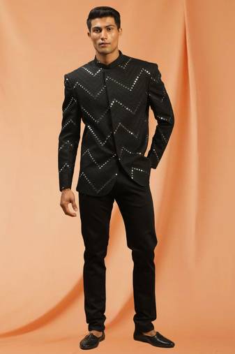 Black royan embroidered jodhpuri full sleeve with trouser for men's