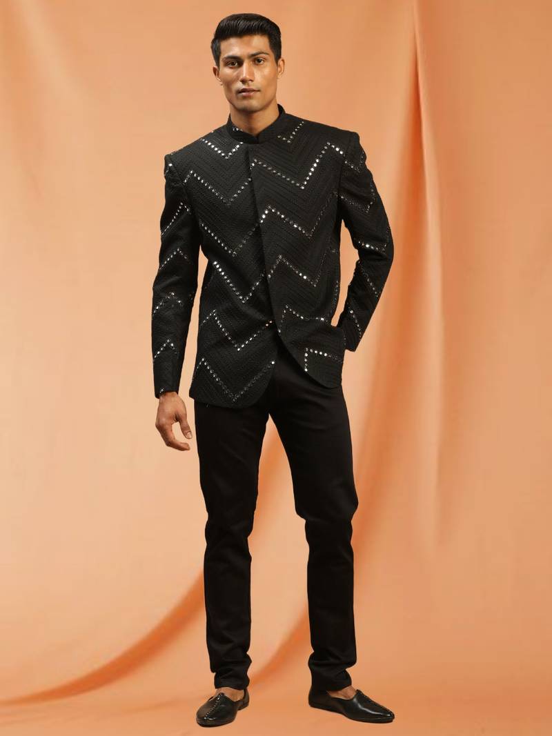 Black royan embroidered jodhpuri full sleeve with trouser for men's