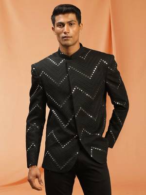 Black royan embroidered jodhpuri full sleeve with trouser for men's 2