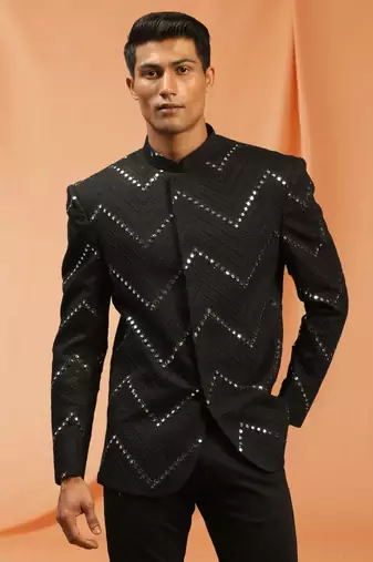 Black royan embroidered jodhpuri full sleeve with trouser for men's