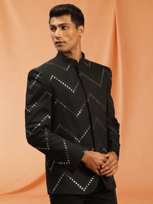 Black royan embroidered jodhpuri full sleeve with trouser for men's 3