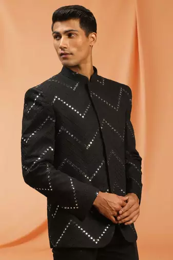 Black royan embroidered jodhpuri full sleeve with trouser for men's