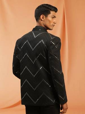 Black royan embroidered jodhpuri full sleeve with trouser for men's 4