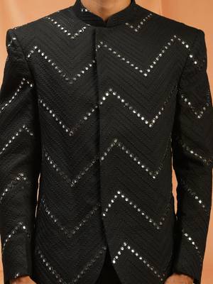 Black royan embroidered jodhpuri full sleeve with trouser for men's 5