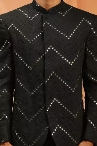 Black royan embroidered jodhpuri full sleeve with trouser for men's