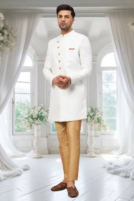 White Jute Cotton Plain Indo western for men's 1