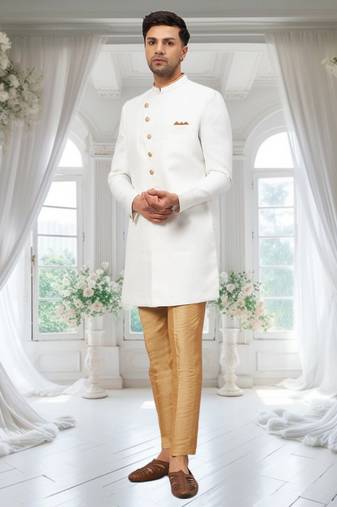 White Jute Cotton Plain Indo western for men's